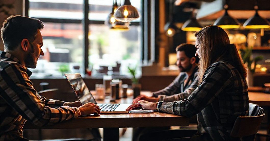 Team di marketing per ristoranti italiani che lavora su un laptop